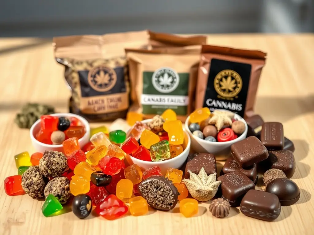 A selection of colorful and delicious-looking cannabis-infused edibles, including gummies, chocolates, and baked goods, arranged on a wooden table with a soft, natural light.