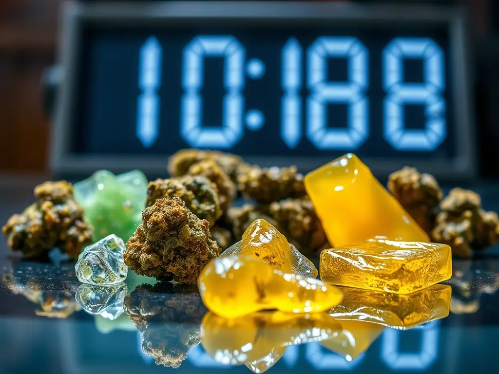 A close-up shot of various cannabis concentrates, such as wax and shatter, highlighting their textures and colors, with a dab rig in the background.