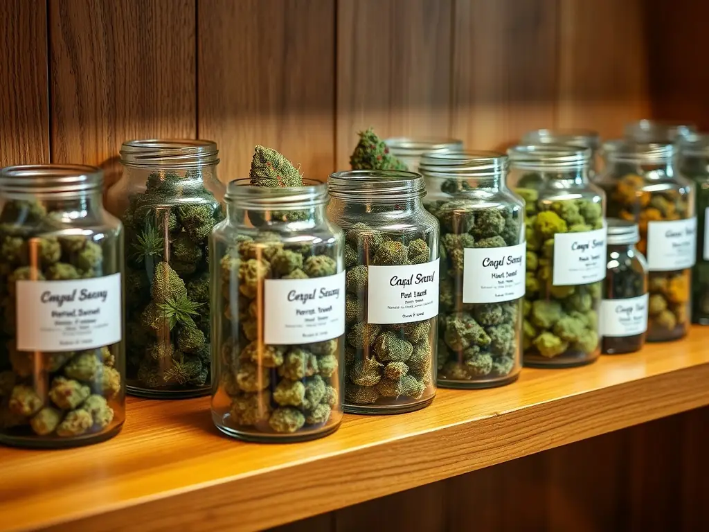 A vibrant display of various cannabis flower strains in jars, showcasing their unique colors and textures, placed on a wooden shelf in ForeverGreen Cannabis Dispensary.