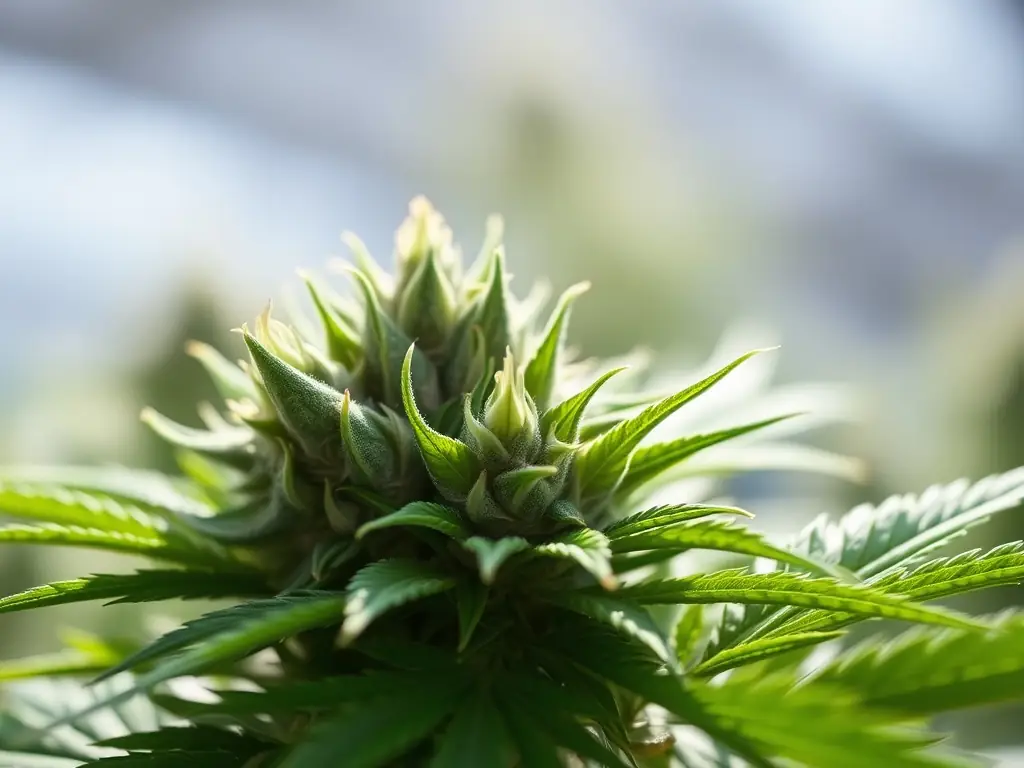 A close-up shot of a vibrant, colorful cannabis flower bud, showcasing its trichomes and unique characteristics, set against a blurred background of a cannabis field.
